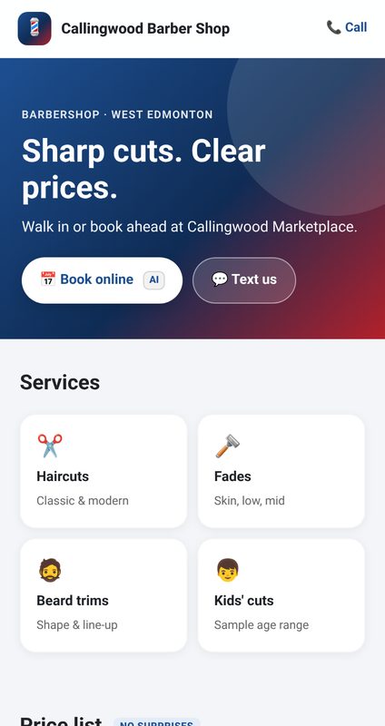 Callingwood Barber Shop live mobile website mockup