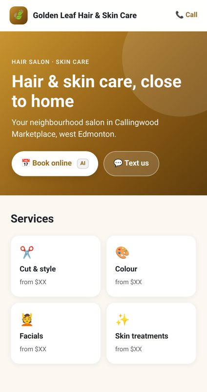 Golden Leaf Hair & Skin Care live mobile website mockup